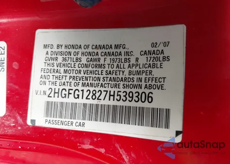 2007 Honda Civic Ex z USA, uszkodzony, nr VIN 2HGFG12827H539306